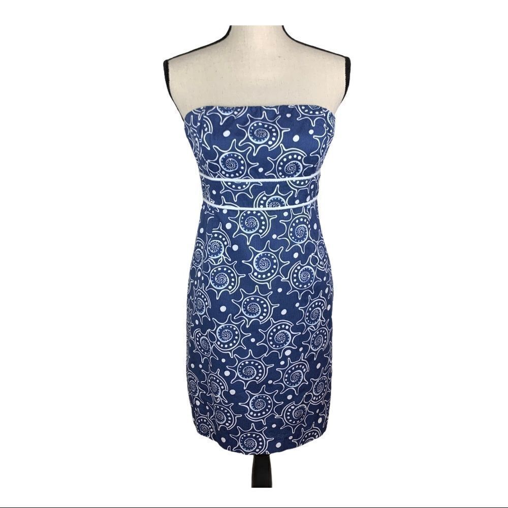 Vineyard Vine’s Blue/White Shell Print Cotton Strapless Sun‎ Dress Sz 2